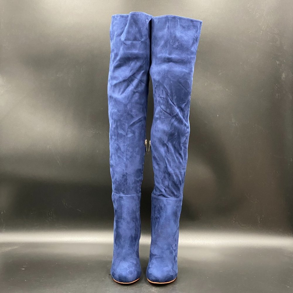 Blue suede almond toe chunky mid heels over the knee boots booties shoes